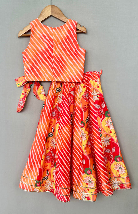 Pre-Order: Bright Orange & Red Leheriya Lehenga Set