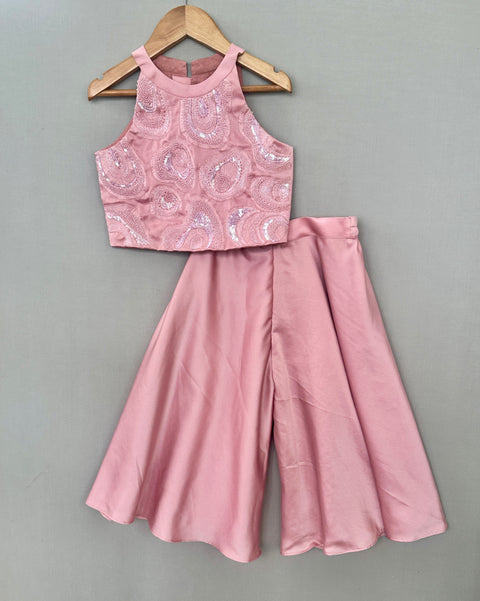 Pre-Order: Blush Pink Embroidered Palazzo Set in Milano Satin