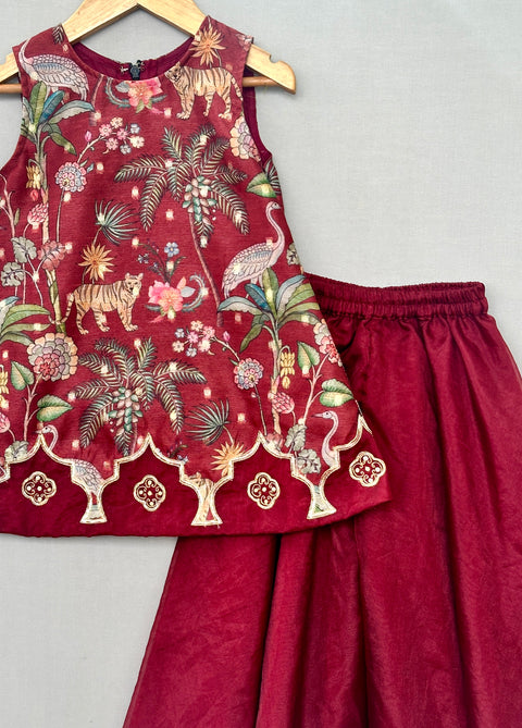 Pre-Order: Maroon Jungle Print Embroidered Aline Kurti & Palazzo Set