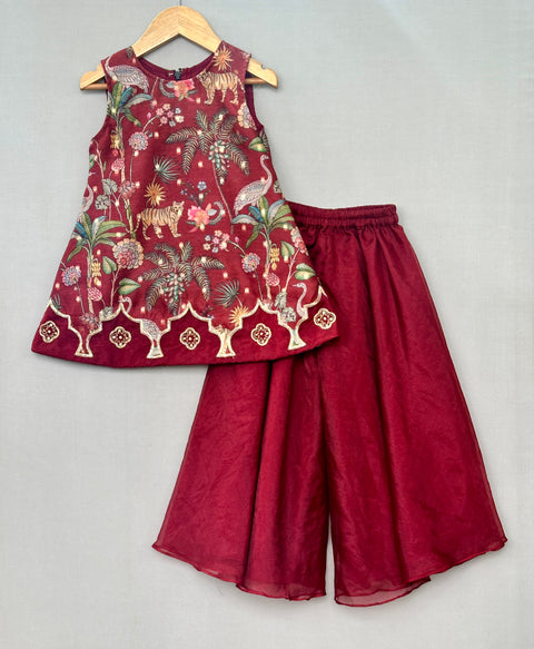 Pre-Order: Maroon Jungle Print Embroidered Aline Kurti & Palazzo Set