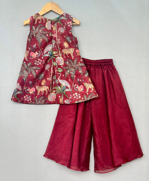 Pre-Order: Maroon Jungle Print Embroidered Aline Kurti & Palazzo Set