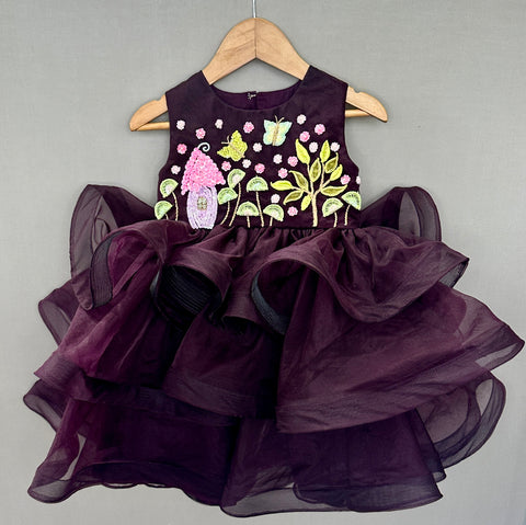 Pre-Order: Hand Embroidered Whimsical Party Dress in Wine Colour