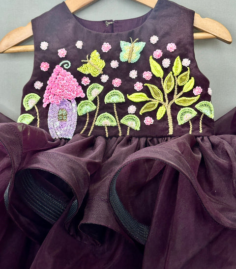 Pre-Order: Hand Embroidered Whimsical Party Dress in Wine Colour