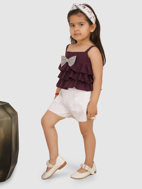 Frill Top Embellished with toros Bow  top & Short-Wine/White