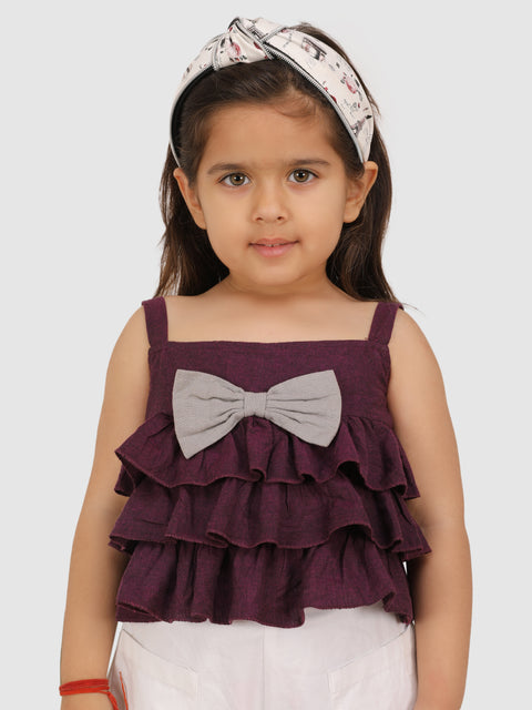 Frill Top Embellished with toros Bow  top & Short-Wine/White