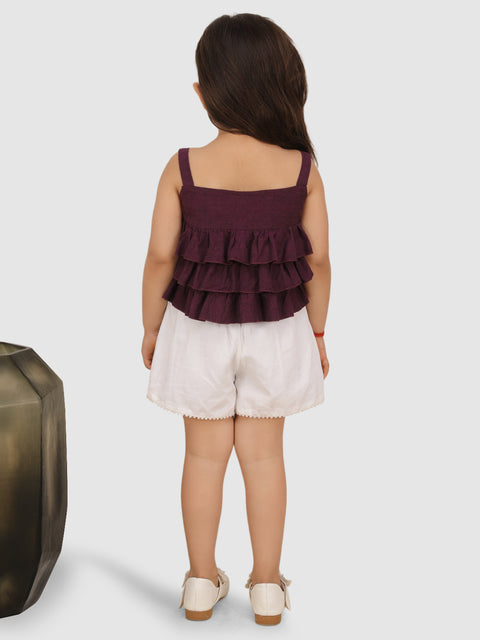 Frill Top Embellished with toros Bow  top & Short-Wine/White