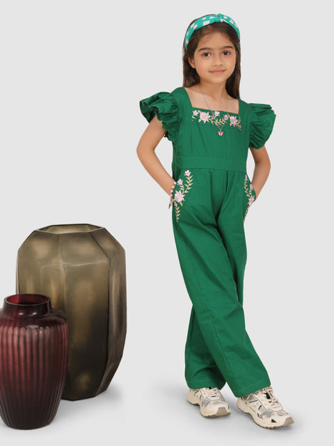 Embroidery on neck and pocket of the bottom Jumpsuit  -Green