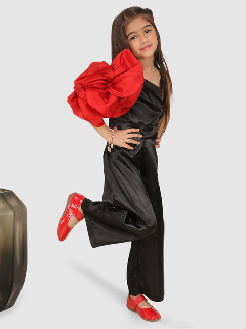 Pre-Order: Red Flower on sleeve ,Gather Top &  pant -Black