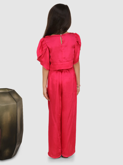 Embellished beads Pleated top with petal sleeve & Pant  -Pink