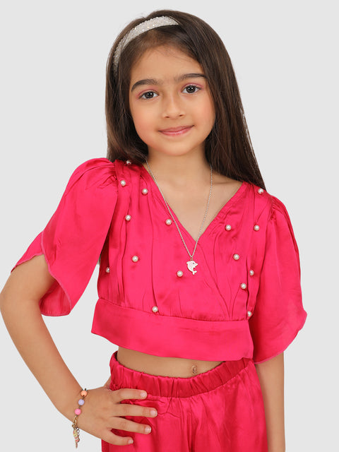 Embellished beads Pleated top with petal sleeve & Pant  -Pink