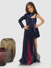 Pre-Order: Sequance Dress emblished with double layer side Tail- Navy Blue