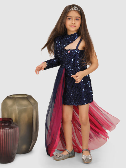 Pre-Order: Sequance Dress emblished with double layer side Tail- Navy Blue