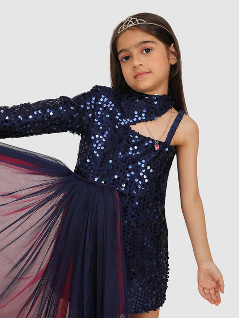 Pre-Order: Sequance Dress emblished with double layer side Tail- Navy Blue