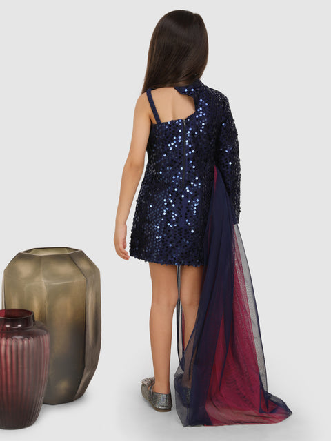 Pre-Order: Sequance Dress emblished with double layer side Tail- Navy Blue