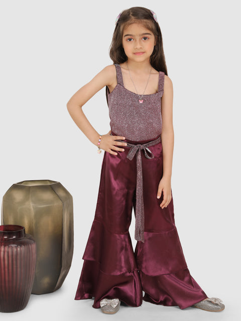 Sparkle Top with Palazzo pant emblished with belt -Wine