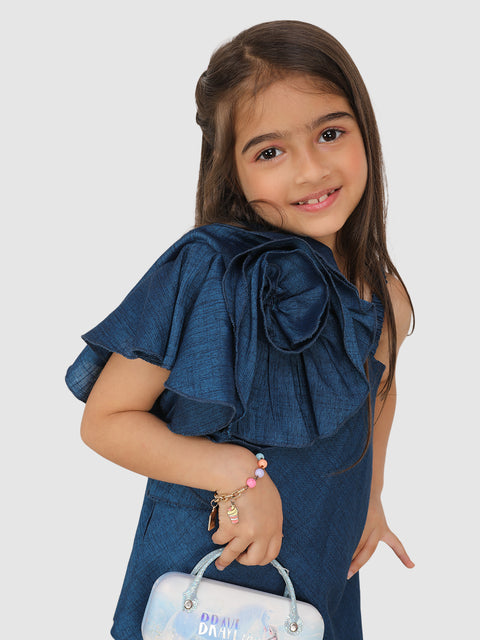 Embellished with shoulder flower asymetric Top & Culotte -Royal Blue