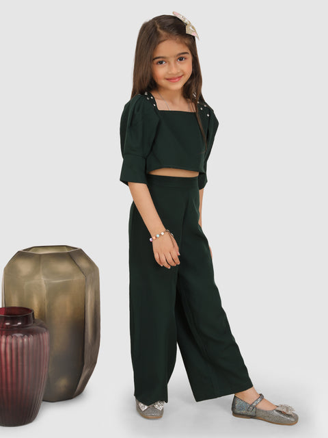 Emeblished with diamonds shoulder pleated sleeve Top & Pant -Bottle Green