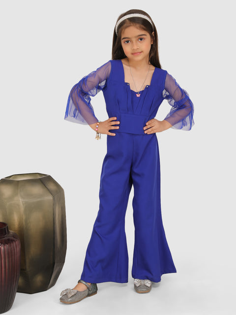 Pleated with Net flair sleeve top & Bell Bottom Pant -Royal Blue