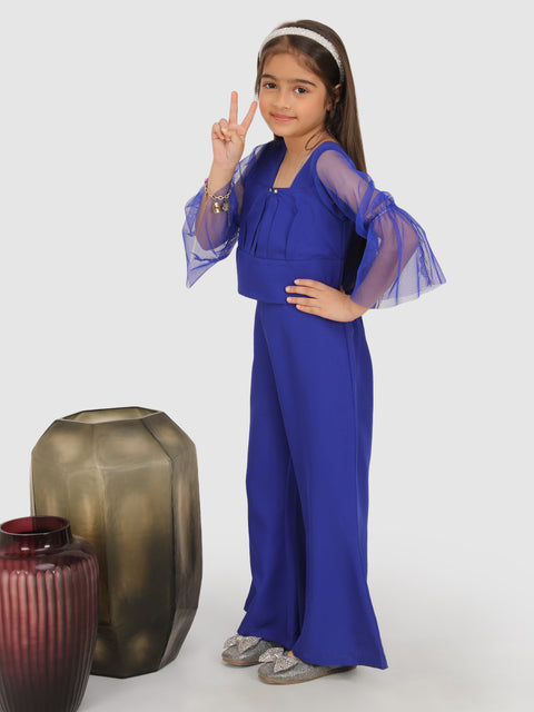 Pleated with Net flair sleeve top & Bell Bottom Pant -Royal Blue