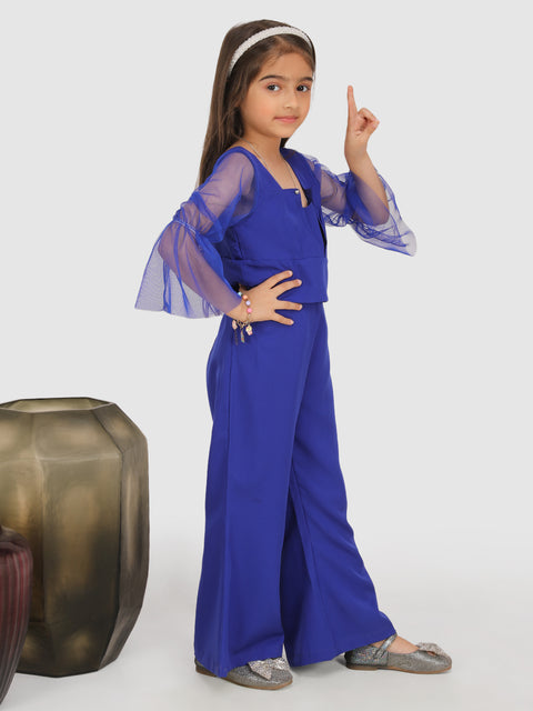 Pleated with Net flair sleeve top & Bell Bottom Pant -Royal Blue