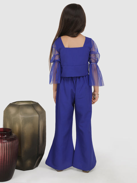 Pleated with Net flair sleeve top & Bell Bottom Pant -Royal Blue