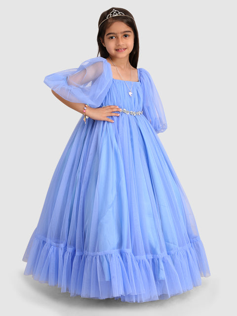 Pre-Order: Torso Pleated Flaired Gown emblished with flower & Diamond-Ice Blue