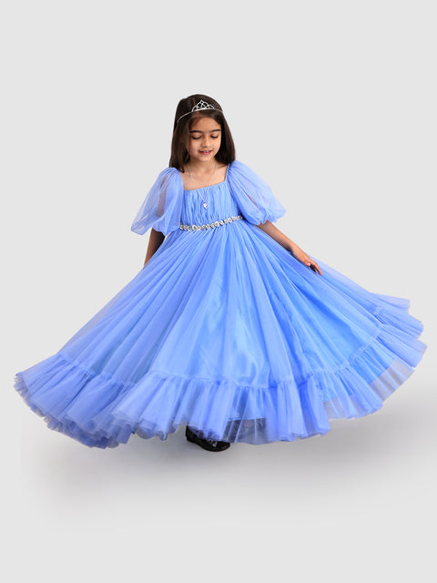 Pre-Order: Torso Pleated Flaired Gown emblished with flower & Diamond-Ice Blue