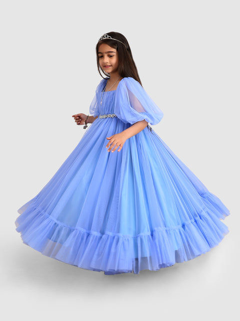 Pre-Order: Torso Pleated Flaired Gown emblished with flower & Diamond-Ice Blue