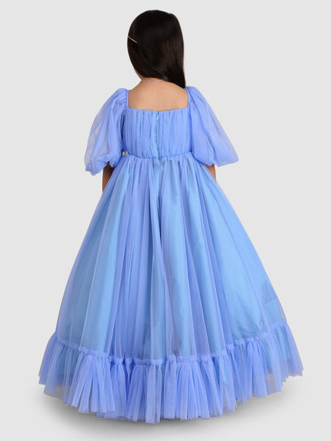 Pre-Order: Torso Pleated Flaired Gown emblished with flower & Diamond-Ice Blue