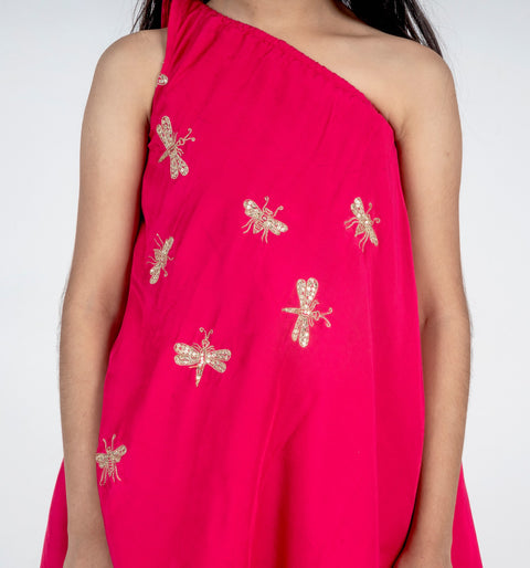 Pre-Order: Off-Shoulder Handwork Dragonfly Motif Embroidered Kurta Set