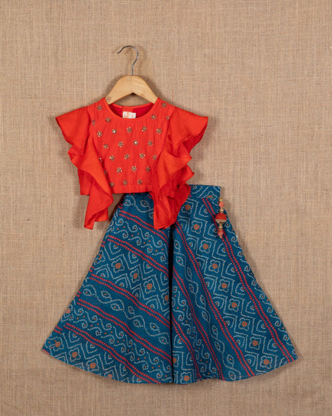 Pre-Order: Red Embroidered Top with Bandhej Lehenga