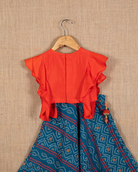 Pre-Order: Red Embroidered Top with Bandhej Lehenga