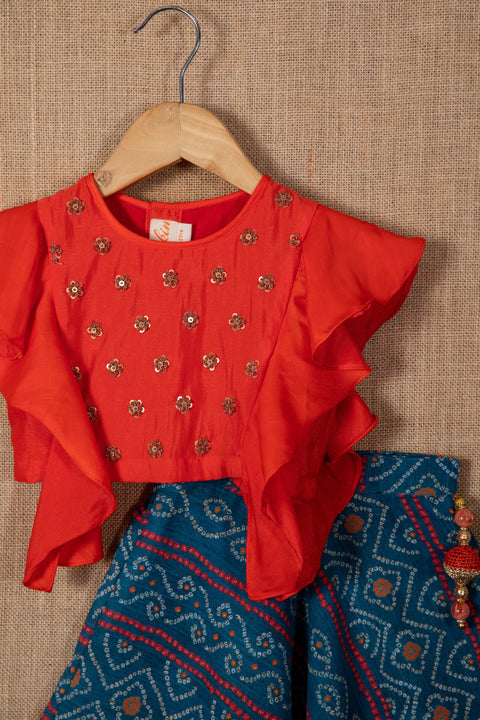 Pre-Order: Red Embroidered Top with Bandhej Lehenga