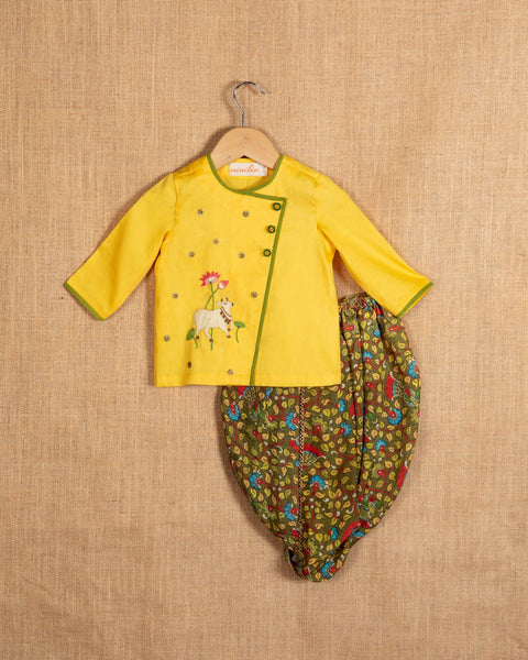 Pre-Order: Yellow Pichwai Angarkha with Printed Dhoti