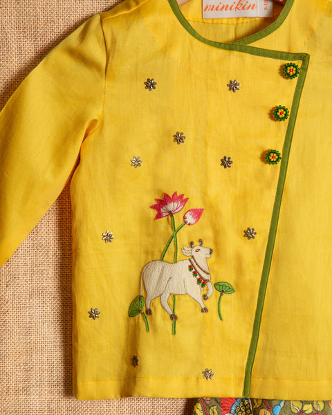 Pre-Order: Yellow Pichwai Angarkha with Printed Dhoti