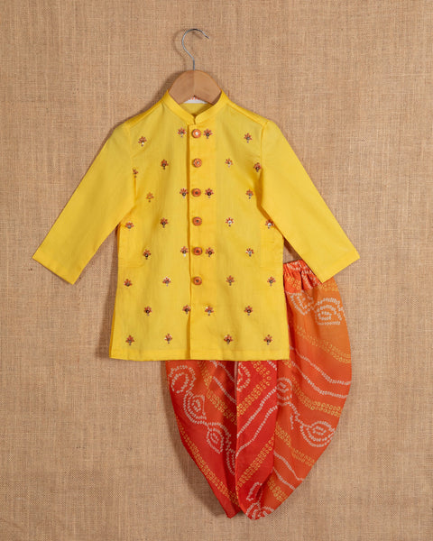 Pre-Order: Yellow Bootis Kurta with Bandhej Dhoti