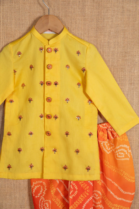 Pre-Order: Yellow Bootis Kurta with Bandhej Dhoti