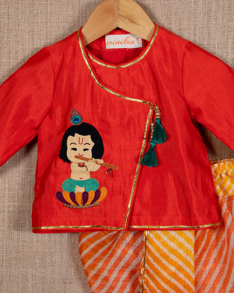 Pre-Order: Red Krishna Angarkha with Leheriya Dhoti