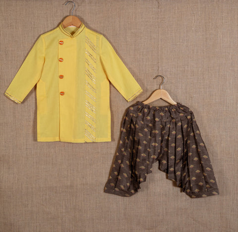 Pre-Order: Yellow Gota Kurta with Brown Printed Patiala