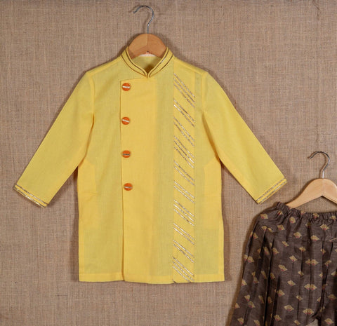 Pre-Order: Yellow Gota Kurta with Brown Printed Patiala