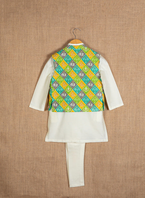 Pre-Order: Green Patola Jacket Set with Off-White Kurta Churidar