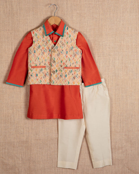 Pre-Order: Multi Colour Jacket with Orange Kurta Lt. Colour Pajama