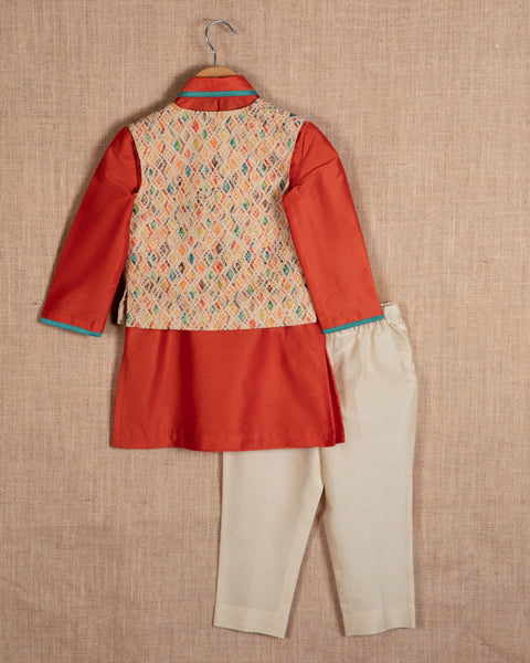 Pre-Order: Multi Colour Jacket with Orange Kurta Lt. Colour Pajama