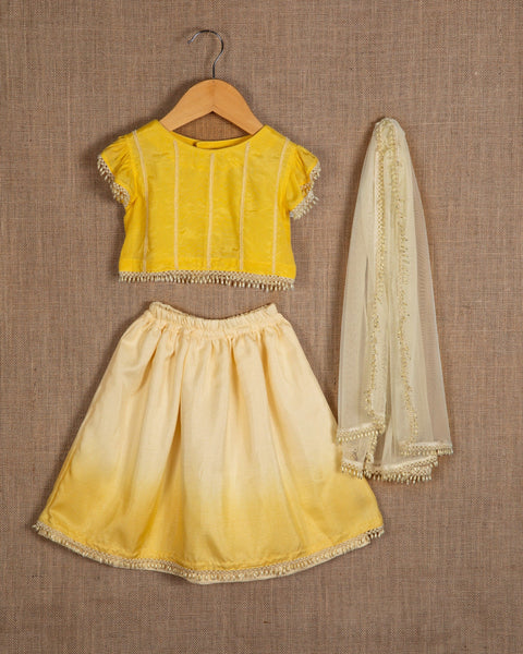 Pre-Order: Yellow Moti Lines Top with Shaded Lehenga and Dupatta