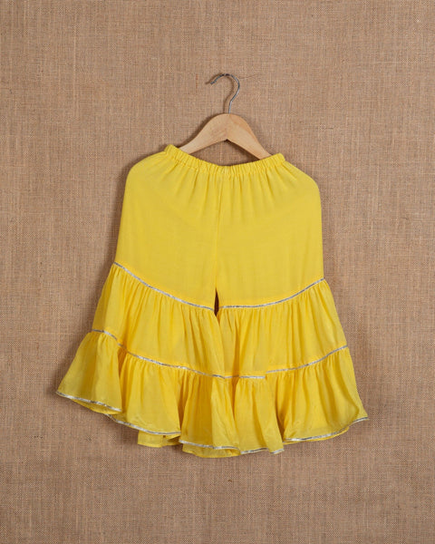 Pre-Order: Yellow Top with Silver Embroidery Paired with Sharara with Gota Lace work