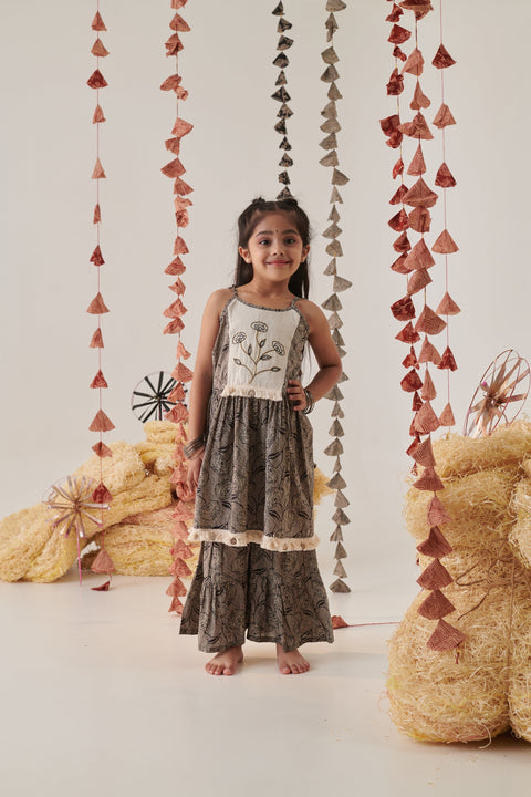 Pre-Order: Girl Embroidered Sharara Set-Black