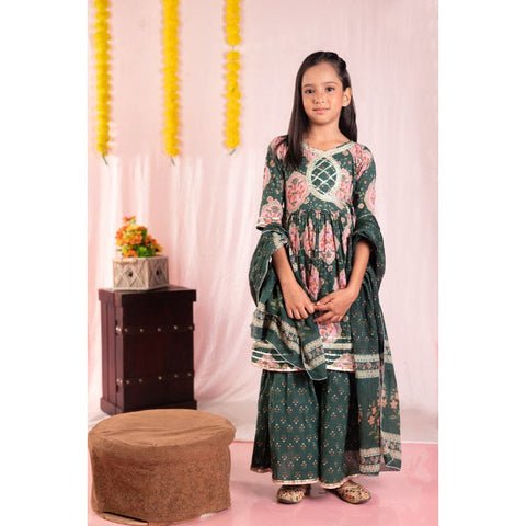 Aatya Kiids Cotton Half Sleeves Floral Printed Kurti with Sharara - Green.
