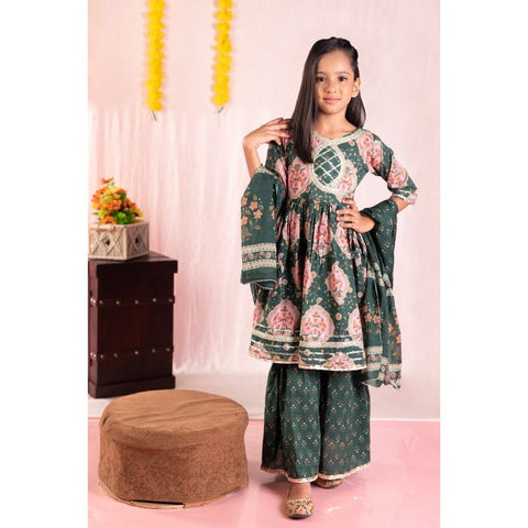 Aatya Kiids Cotton Half Sleeves Floral Printed Kurti with Sharara - Green.