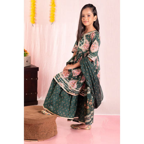 Aatya Kiids Cotton Half Sleeves Floral Printed Kurti with Sharara - Green.