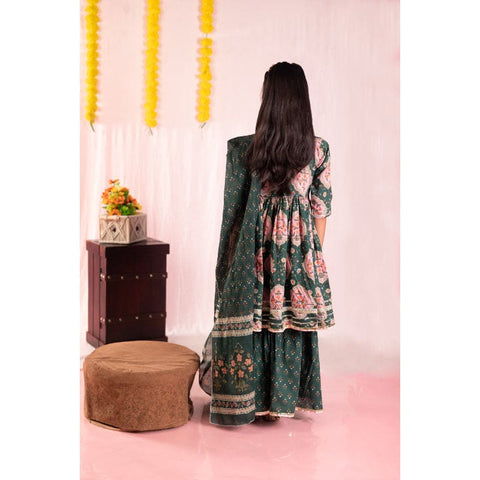 Aatya Kiids Cotton Half Sleeves Floral Printed Kurti with Sharara - Green.